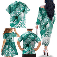 Personalised New Zealand Aotearoa Darts Masters Family Matching Off The Shoulder Long Sleeve Dress and Hawaiian Shirt Maori Art Tattoo with Tribal Dart Symbol Teal Color LT03 - Polynesian Pride