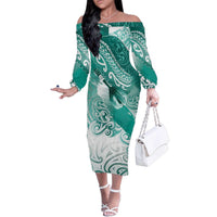 Personalised New Zealand Aotearoa Darts Masters Family Matching Off The Shoulder Long Sleeve Dress and Hawaiian Shirt Maori Art Tattoo with Tribal Dart Symbol Teal Color LT03 Mom's Dress Teal - Polynesian Pride