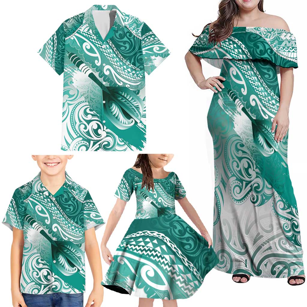 Personalised New Zealand Aotearoa Darts Masters Family Matching Off Shoulder Maxi Dress and Hawaiian Shirt Maori Art Tattoo with Tribal Dart Symbol Teal Color LT03 - Polynesian Pride