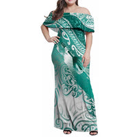 Personalised New Zealand Aotearoa Darts Masters Family Matching Off Shoulder Maxi Dress and Hawaiian Shirt Maori Art Tattoo with Tribal Dart Symbol Teal Color LT03 Mom's Dress Teal - Polynesian Pride