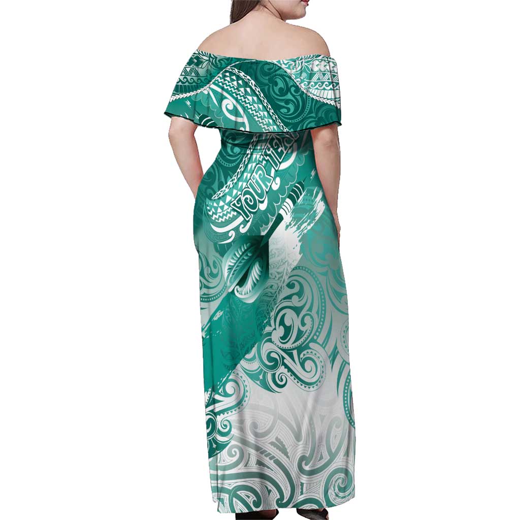 Personalised New Zealand Aotearoa Darts Masters Family Matching Off Shoulder Maxi Dress and Hawaiian Shirt Maori Art Tattoo with Tribal Dart Symbol Teal Color LT03 - Polynesian Pride
