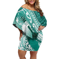 Personalised New Zealand Aotearoa Darts Masters Family Matching Off Shoulder Short Dress and Hawaiian Shirt Maori Art Tattoo with Tribal Dart Symbol Teal Color LT03 Mom's Dress Teal - Polynesian Pride