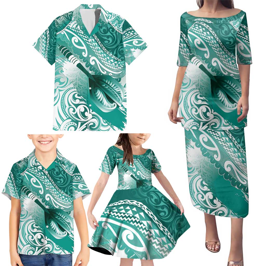 Personalised New Zealand Aotearoa Darts Masters Family Matching Puletasi and Hawaiian Shirt Maori Art Tattoo with Tribal Dart Symbol Teal Color LT03 - Polynesian Pride