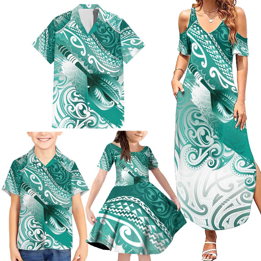 Personalised New Zealand Aotearoa Darts Masters Family Matching Summer Maxi Dress and Hawaiian Shirt Maori Art Tattoo with Tribal Dart Symbol Teal Color LT03 - Polynesian Pride