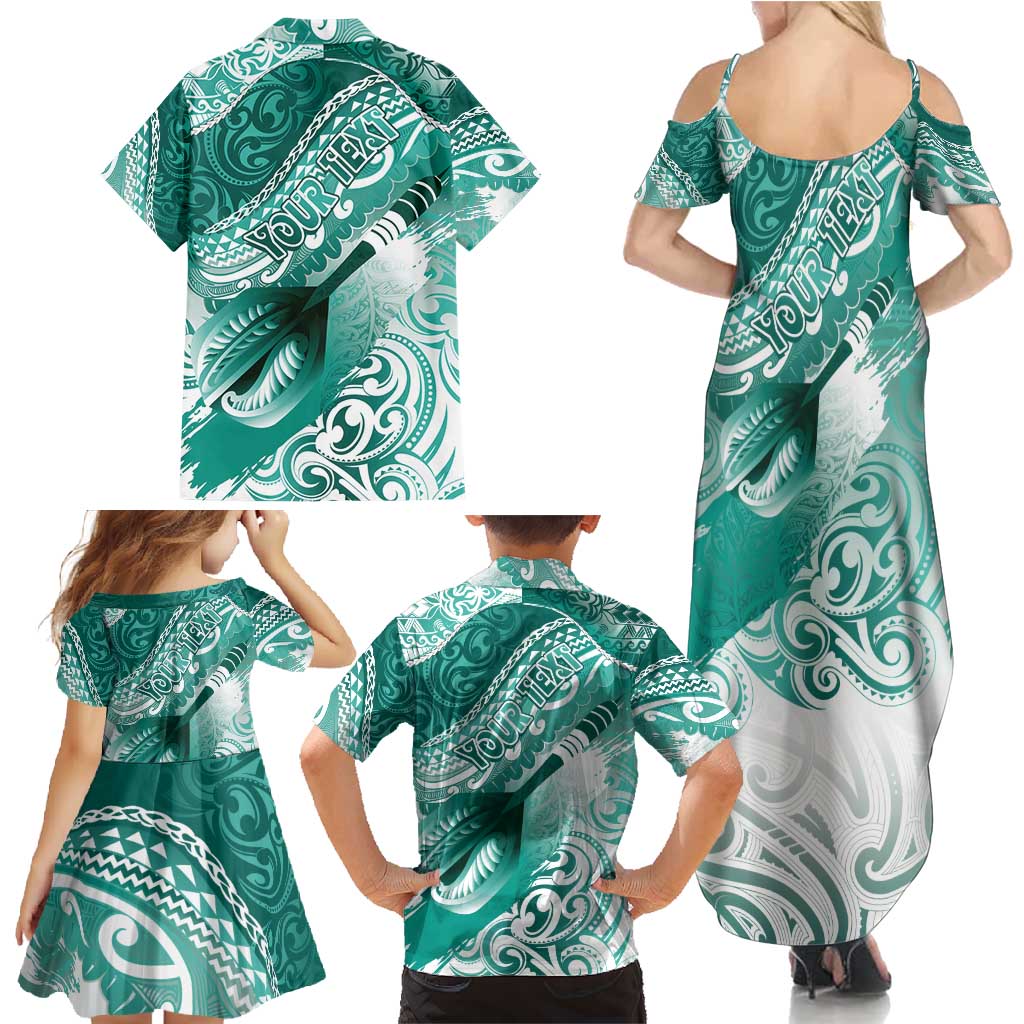Personalised New Zealand Aotearoa Darts Masters Family Matching Summer Maxi Dress and Hawaiian Shirt Maori Art Tattoo with Tribal Dart Symbol Teal Color LT03 - Polynesian Pride