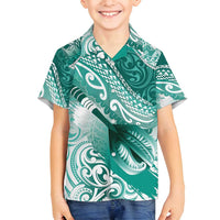 Personalised New Zealand Aotearoa Darts Masters Family Matching Tank Maxi Dress and Hawaiian Shirt Maori Art Tattoo with Tribal Dart Symbol Teal Color LT03 Son's Shirt Teal - Polynesian Pride