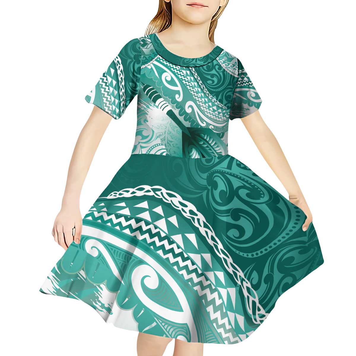 Personalised New Zealand Aotearoa Darts Masters Kid Short Sleeve Dress Maori Art Tattoo with Tribal Dart Symbol Teal Color LT03 - Polynesian Pride