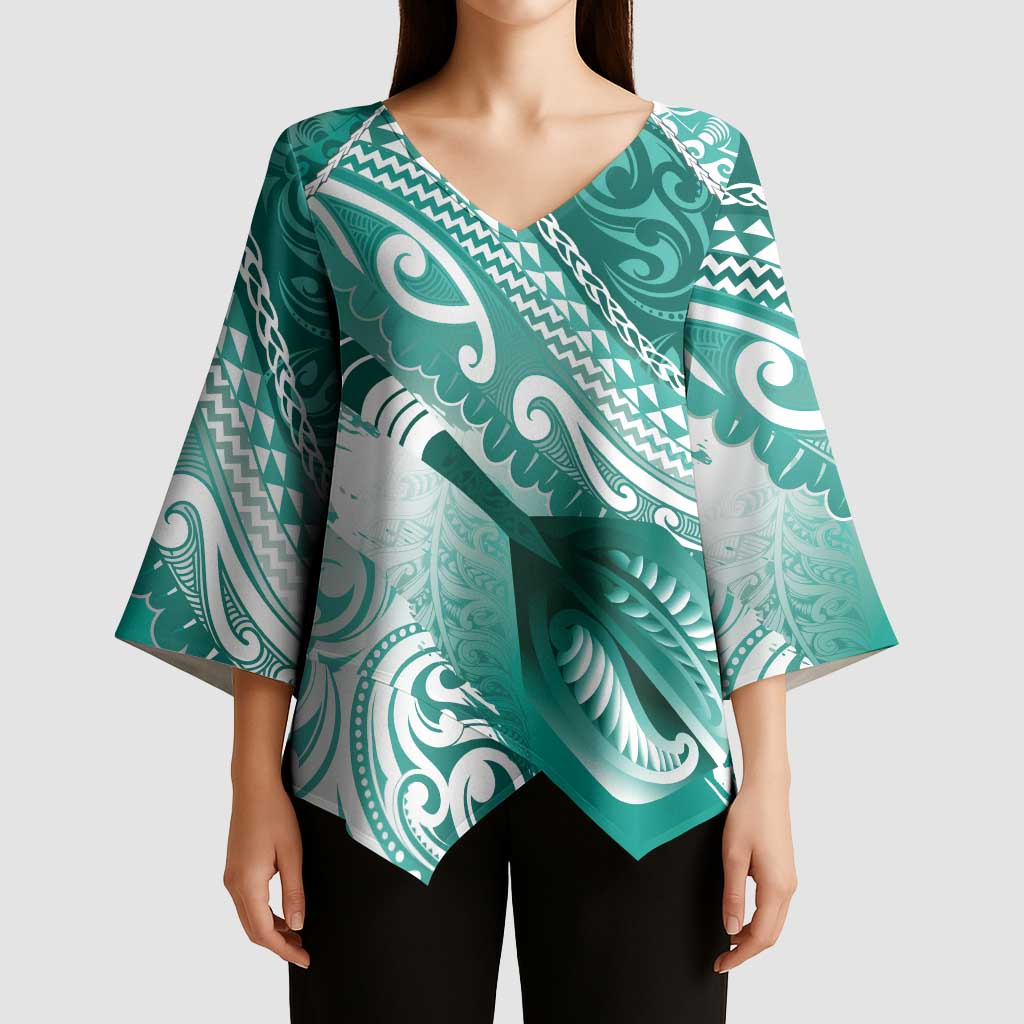 Personalised New Zealand Aotearoa Darts Masters Kimono Sleeve Blouse Maori Art Tattoo with Tribal Dart Symbol Teal Color LT03 - Polynesian Pride