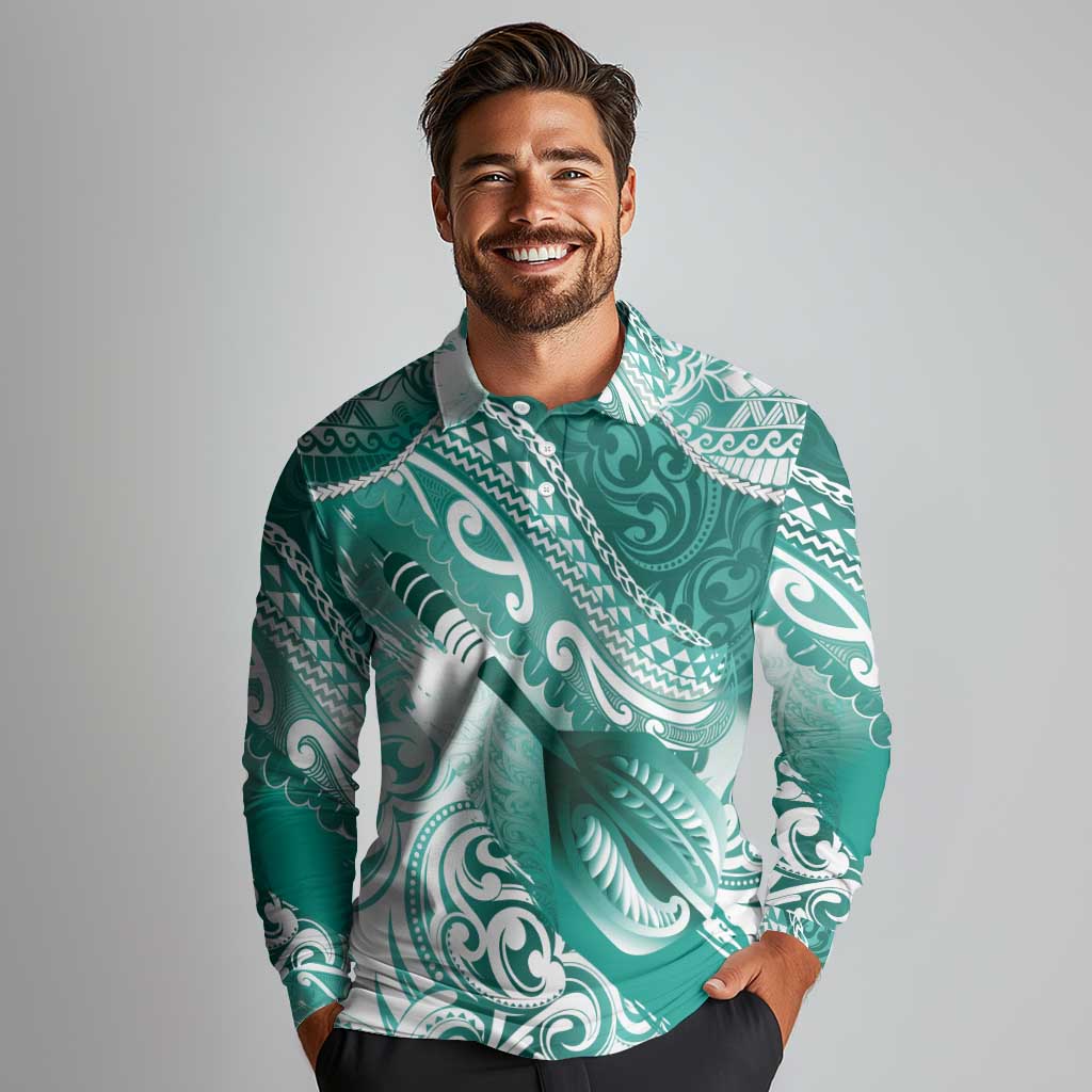 Personalised New Zealand Aotearoa Darts Masters Long Sleeve Polo Shirt Maori Art Tattoo with Tribal Dart Symbol Teal Color LT03 - Polynesian Pride