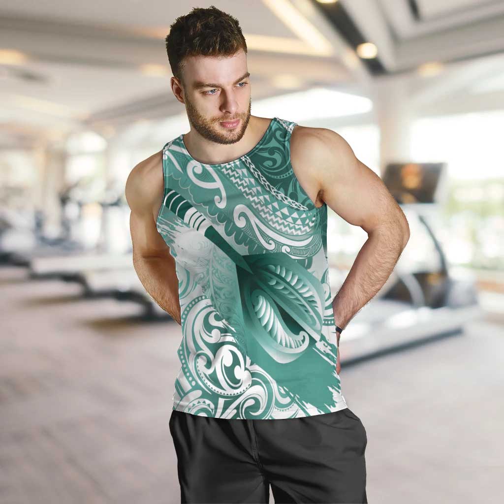 Personalised New Zealand Aotearoa Darts Masters Men Tank Top Maori Art Tattoo with Tribal Dart Symbol Teal Color - Polynesian Pride