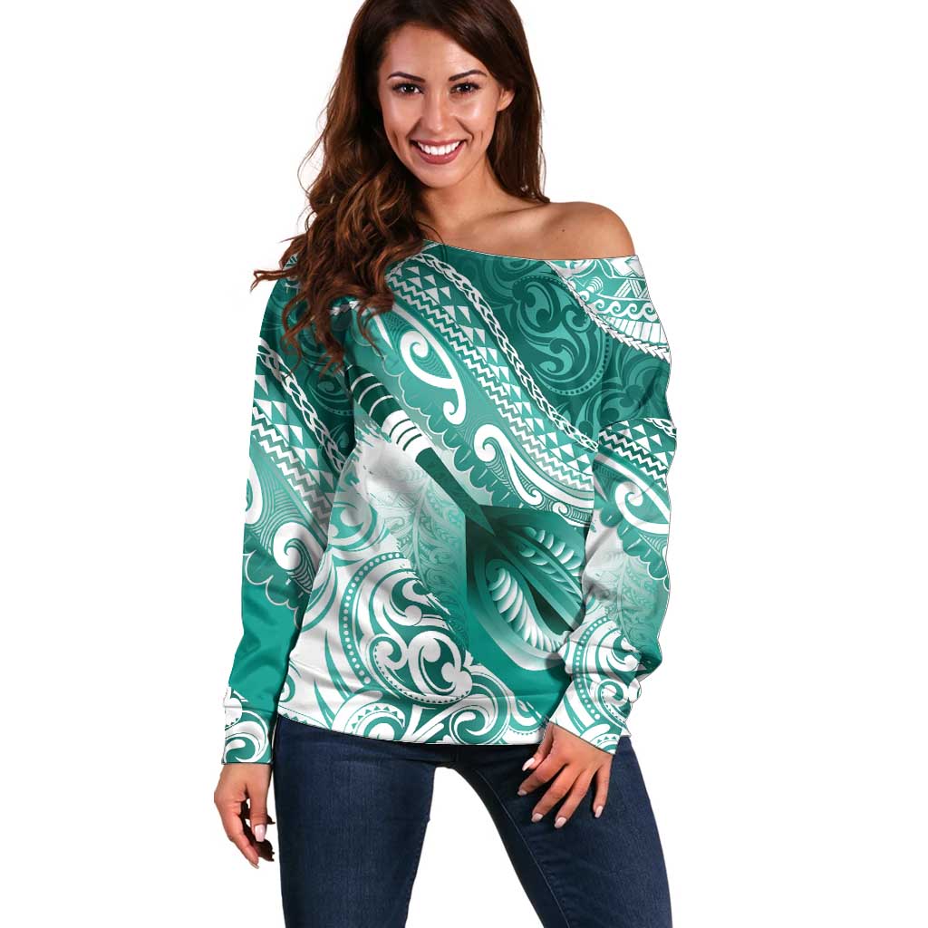 Personalised New Zealand Aotearoa Darts Masters Off Shoulder Sweater Maori Art Tattoo with Tribal Dart Symbol Teal Color - Polynesian Pride