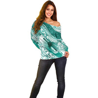 Personalised New Zealand Aotearoa Darts Masters Off Shoulder Sweater Maori Art Tattoo with Tribal Dart Symbol Teal Color LT03 - Polynesian Pride