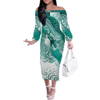 Personalised New Zealand Aotearoa Darts Masters Off The Shoulder Long Sleeve Dress Maori Art Tattoo with Tribal Dart Symbol Teal Color LT03 Women Teal - Polynesian Pride