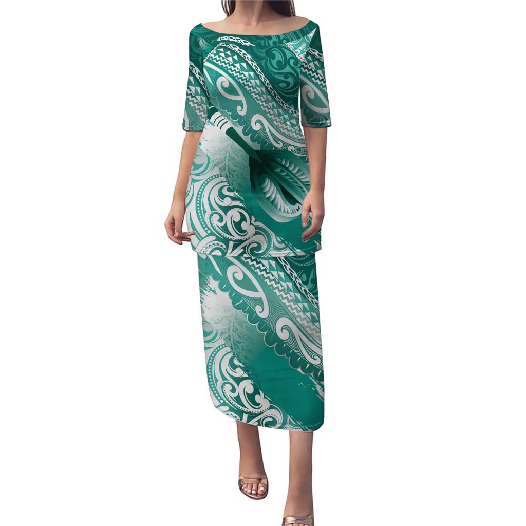Personalised New Zealand Aotearoa Darts Masters Puletasi Maori Art Tattoo with Tribal Dart Symbol Teal Color LT03 Long Dress Teal - Polynesian Pride
