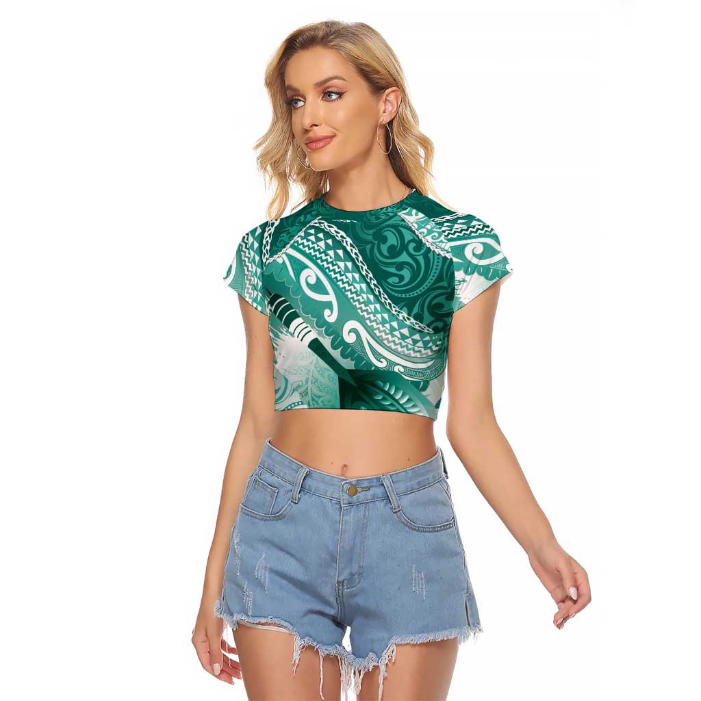 Personalised New Zealand Aotearoa Darts Masters Raglan Cropped T Shirt Maori Art Tattoo with Tribal Dart Symbol Teal Color LT03 Female Teal - Polynesian Pride