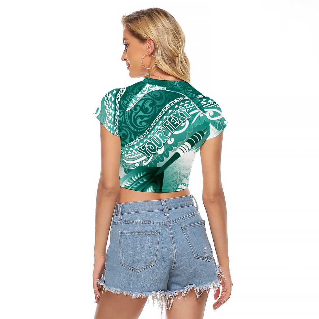 Personalised New Zealand Aotearoa Darts Masters Raglan Cropped T Shirt Maori Art Tattoo with Tribal Dart Symbol Teal Color LT03 - Polynesian Pride