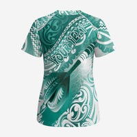 Personalised New Zealand Aotearoa Darts Masters Scrub Top Maori Art Tattoo with Tribal Dart Symbol Teal Color LT03 - Polynesian Pride
