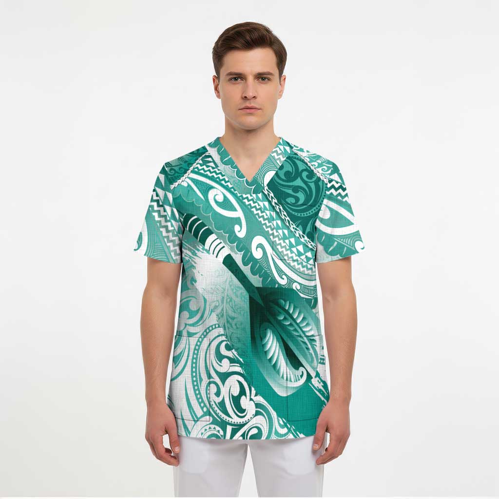 Personalised New Zealand Aotearoa Darts Masters Scrub Top Maori Art Tattoo with Tribal Dart Symbol Teal Color LT03 - Polynesian Pride
