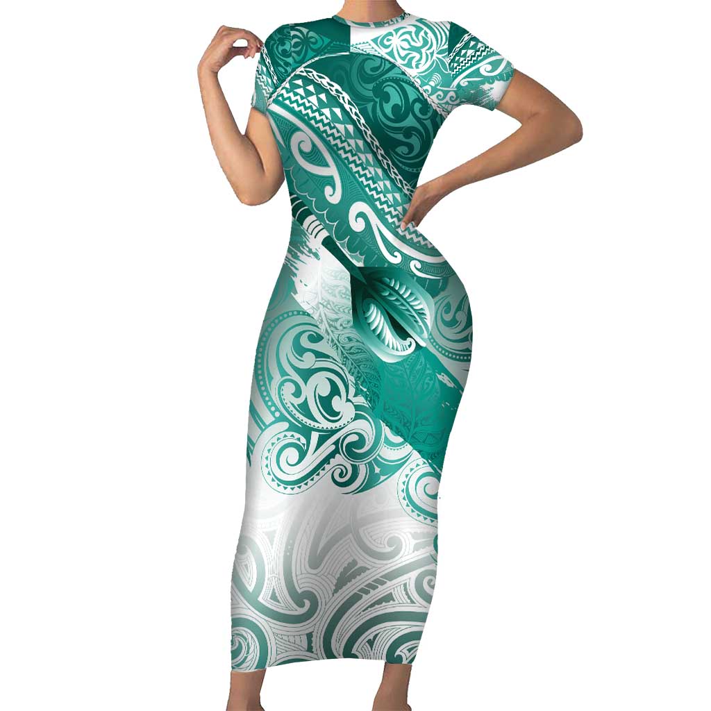 Personalised New Zealand Aotearoa Darts Masters Short Sleeve Bodycon Dress Maori Art Tattoo with Tribal Dart Symbol Teal Color LT03 Long Dress Teal - Polynesian Pride