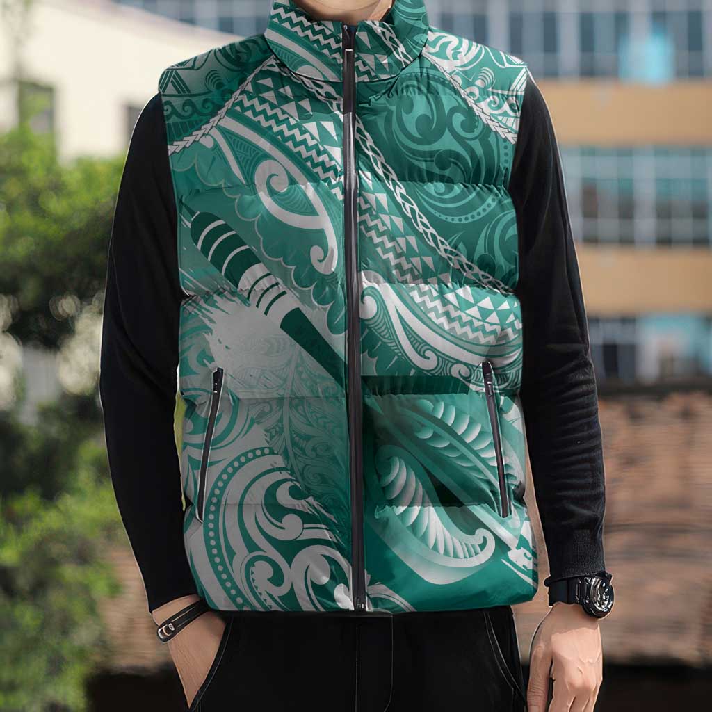 Personalised New Zealand Aotearoa Darts Masters Sleeveless Puffer Jacket Maori Art Tattoo with Tribal Dart Symbol Teal Color LT03 - Polynesian Pride