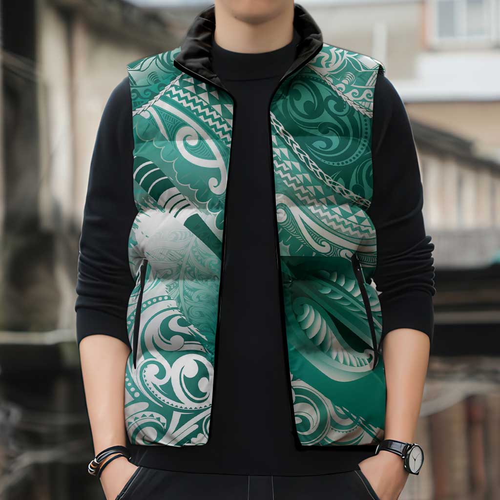 Personalised New Zealand Aotearoa Darts Masters Sleeveless Puffer Jacket Maori Art Tattoo with Tribal Dart Symbol Teal Color LT03 - Polynesian Pride