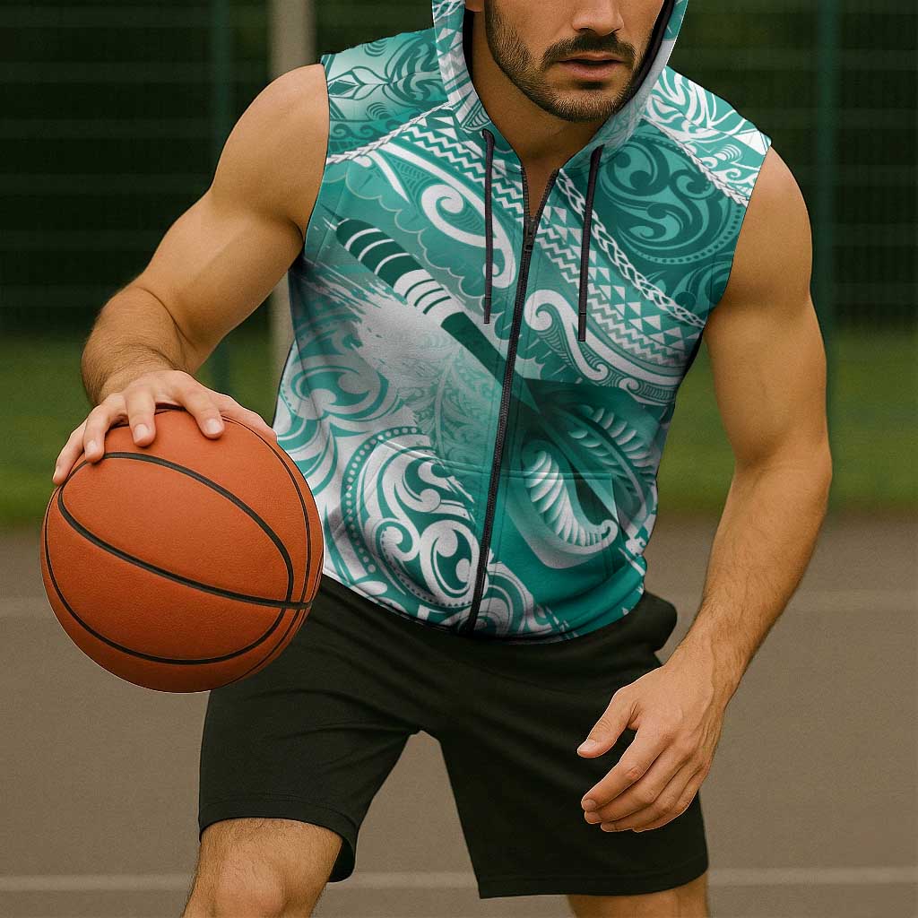 Personalised New Zealand Aotearoa Darts Masters Sleeveless Zip Hoodie Maori Art Tattoo with Tribal Dart Symbol Teal Color LT03 - Polynesian Pride