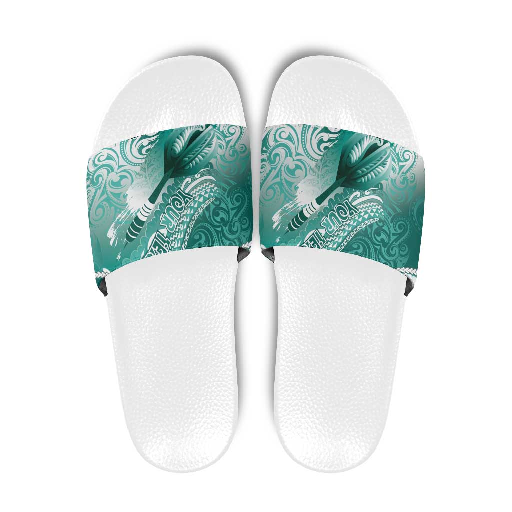 Personalised New Zealand Aotearoa Darts Masters Slide Sandals Maori Art Tattoo with Tribal Dart Symbol Teal Color LT03 Teal - Polynesian Pride