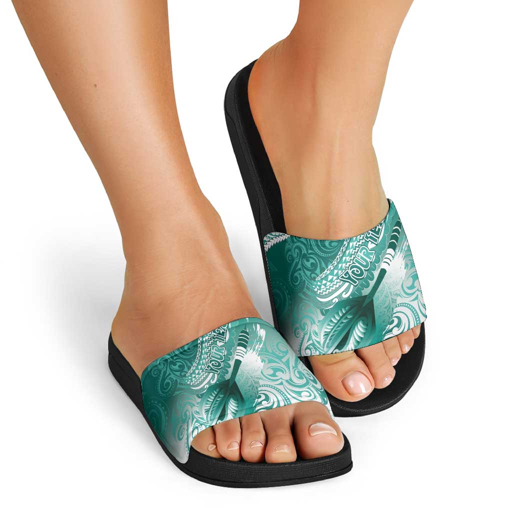 Personalised New Zealand Aotearoa Darts Masters Slide Sandals Maori Art Tattoo with Tribal Dart Symbol Teal Color LT03 - Polynesian Pride