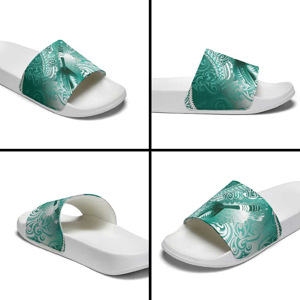 Personalised New Zealand Aotearoa Darts Masters Slide Sandals Maori Art Tattoo with Tribal Dart Symbol Teal Color LT03 - Polynesian Pride