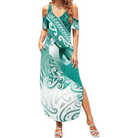 Personalised New Zealand Aotearoa Darts Masters Summer Maxi Dress Maori Art Tattoo with Tribal Dart Symbol Teal Color LT03 Women Teal - Polynesian Pride