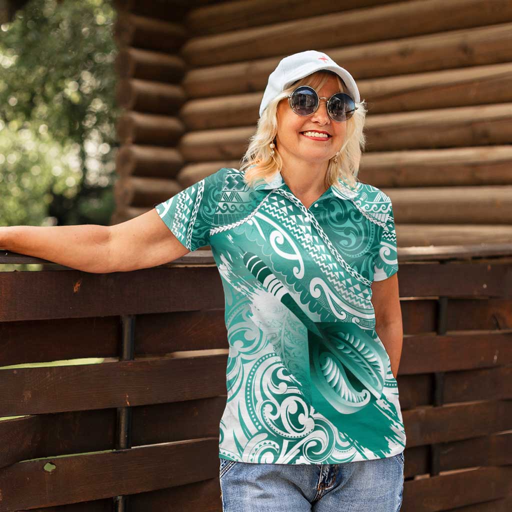 Personalised New Zealand Aotearoa Darts Masters Women Polo Shirt Maori Art Tattoo with Tribal Dart Symbol Teal Color LT03 - Polynesian Pride