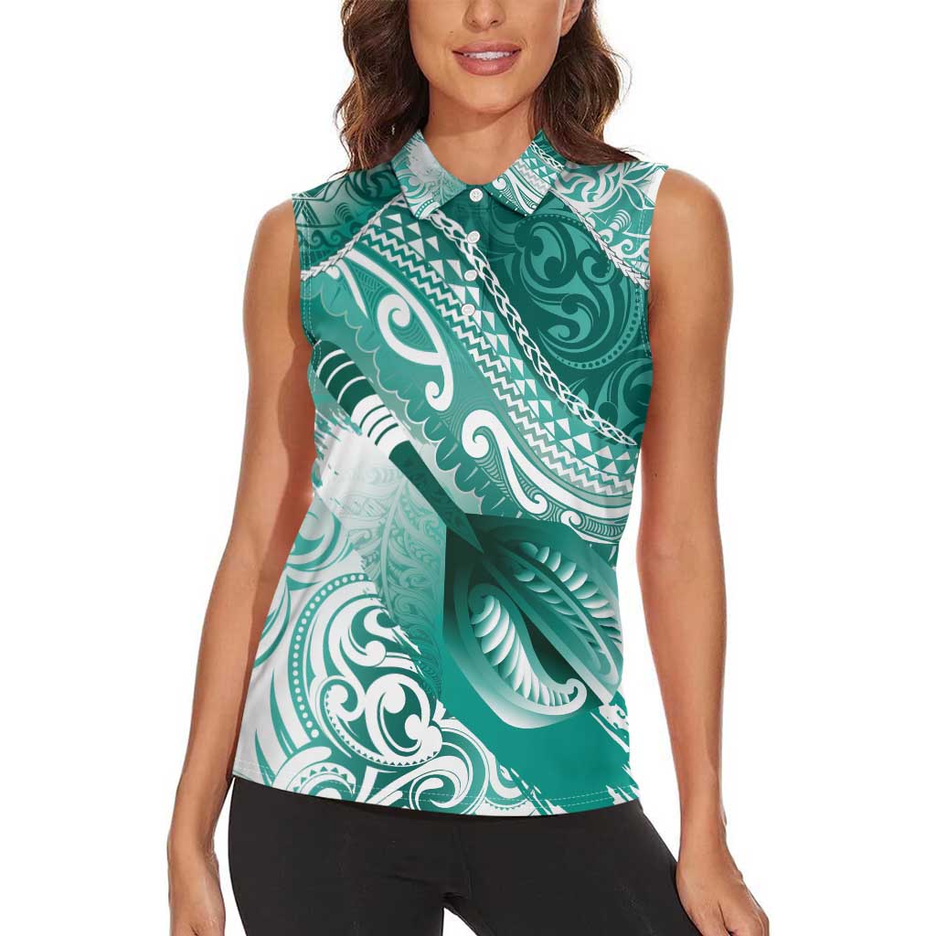 Personalised New Zealand Aotearoa Darts Masters Women Sleeveless Polo Shirt Maori Art Tattoo with Tribal Dart Symbol Teal Color LT03 - Polynesian Pride
