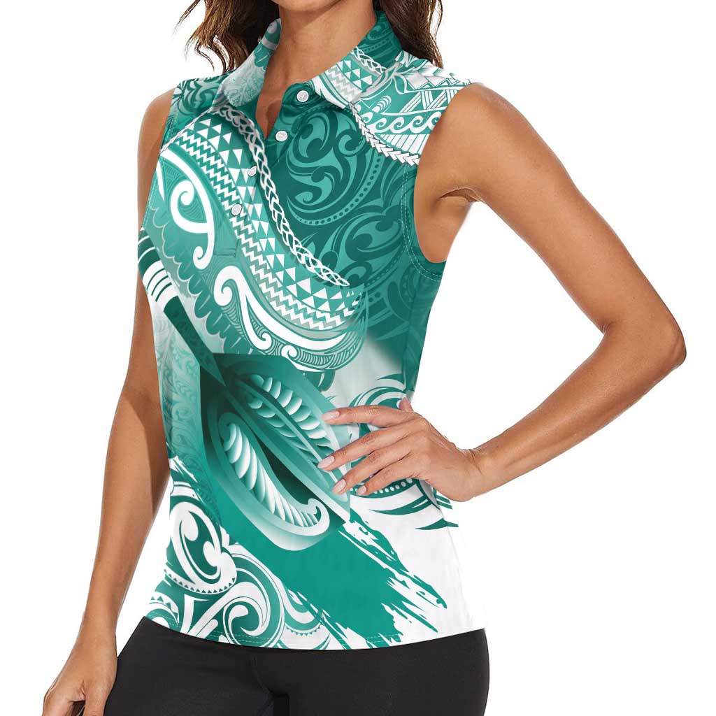 Personalised New Zealand Aotearoa Darts Masters Women Sleeveless Polo Shirt Maori Art Tattoo with Tribal Dart Symbol Teal Color LT03 - Polynesian Pride