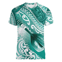 Personalised New Zealand Aotearoa Darts Masters Women V-Neck T-Shirt Maori Art Tattoo with Tribal Dart Symbol Teal Color LT03 Female Teal - Polynesian Pride