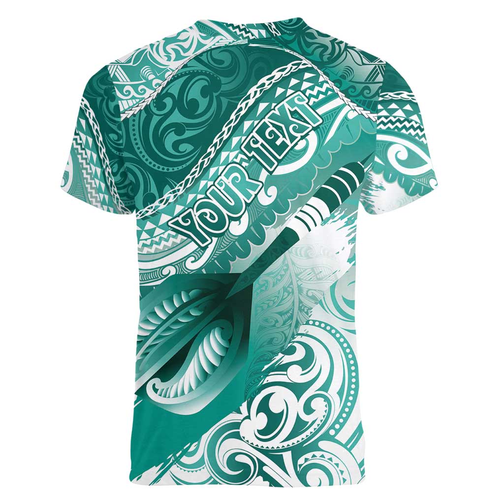 Personalised New Zealand Aotearoa Darts Masters Women V-Neck T-Shirt Maori Art Tattoo with Tribal Dart Symbol Teal Color LT03 - Polynesian Pride