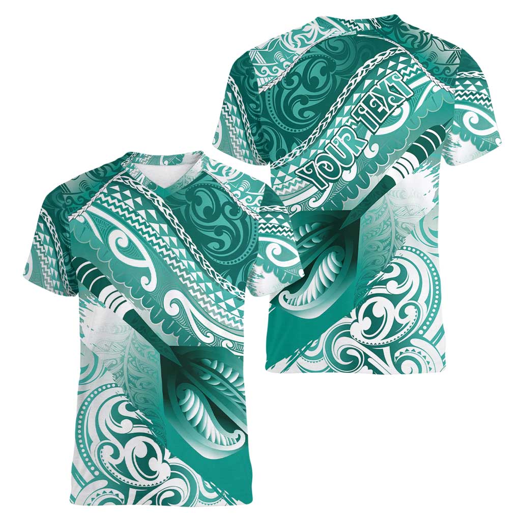 Personalised New Zealand Aotearoa Darts Masters Women V-Neck T-Shirt Maori Art Tattoo with Tribal Dart Symbol Teal Color LT03 - Polynesian Pride