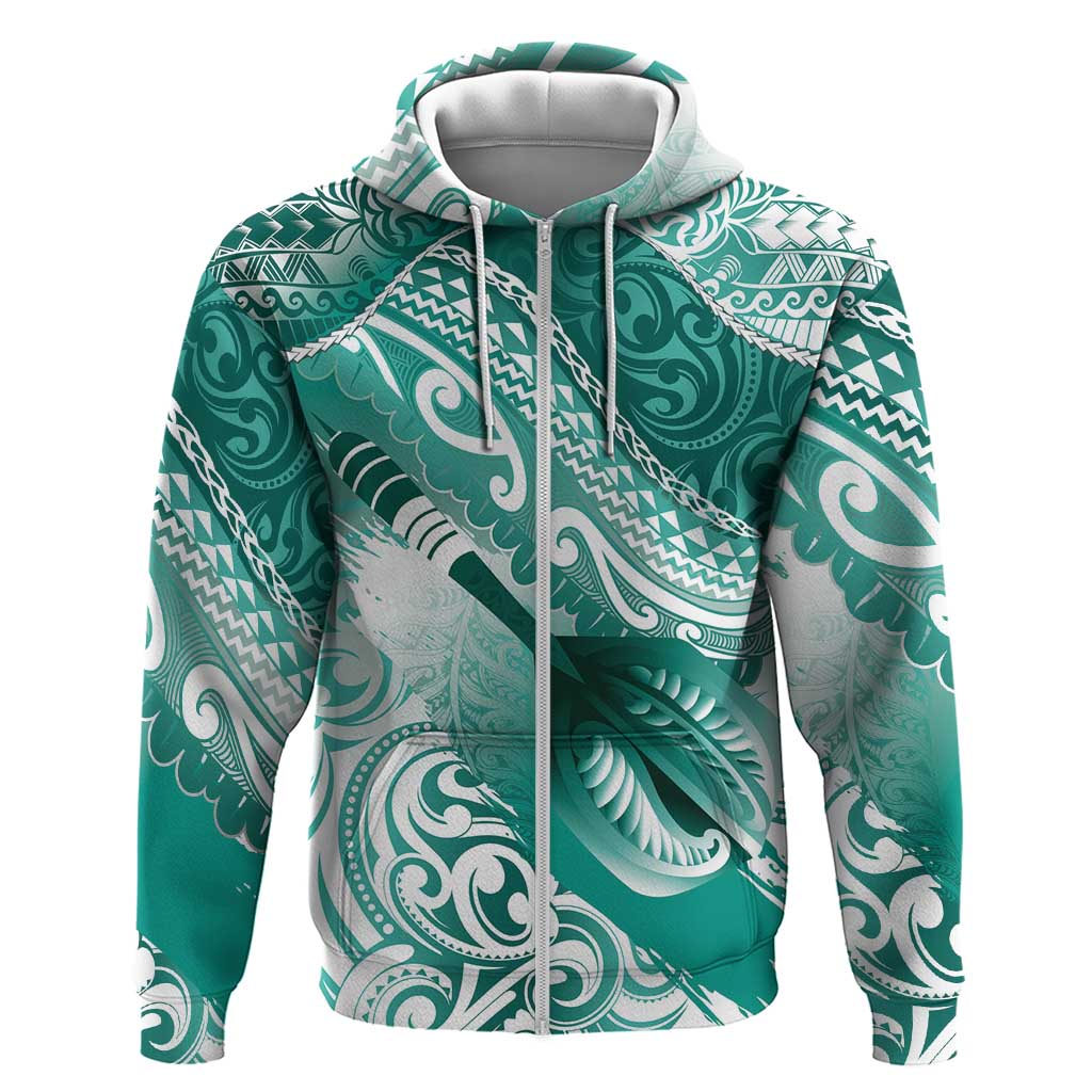 Personalised New Zealand Aotearoa Darts Masters Zip Hoodie Maori Art Tattoo with Tribal Dart Symbol Teal Color - Polynesian Pride