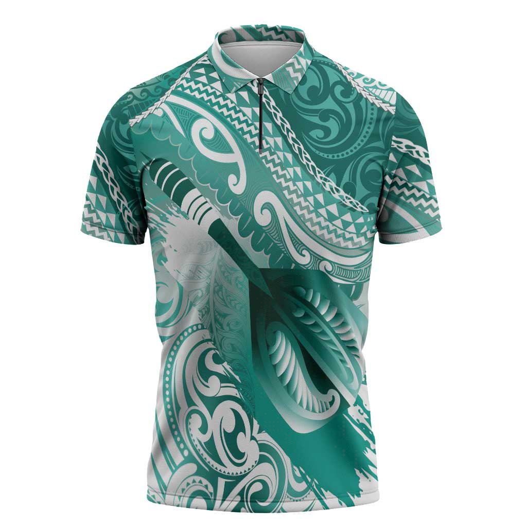 Personalised New Zealand Aotearoa Darts Masters Zipper Polo Shirt Maori Art Tattoo with Tribal Dart Symbol Teal Color LT03 Teal - Polynesian Pride