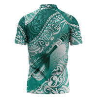 Personalised New Zealand Aotearoa Darts Masters Zipper Polo Shirt Maori Art Tattoo with Tribal Dart Symbol Teal Color LT03 - Polynesian Pride