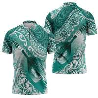 Personalised New Zealand Aotearoa Darts Masters Zipper Polo Shirt Maori Art Tattoo with Tribal Dart Symbol Teal Color LT03 - Polynesian Pride