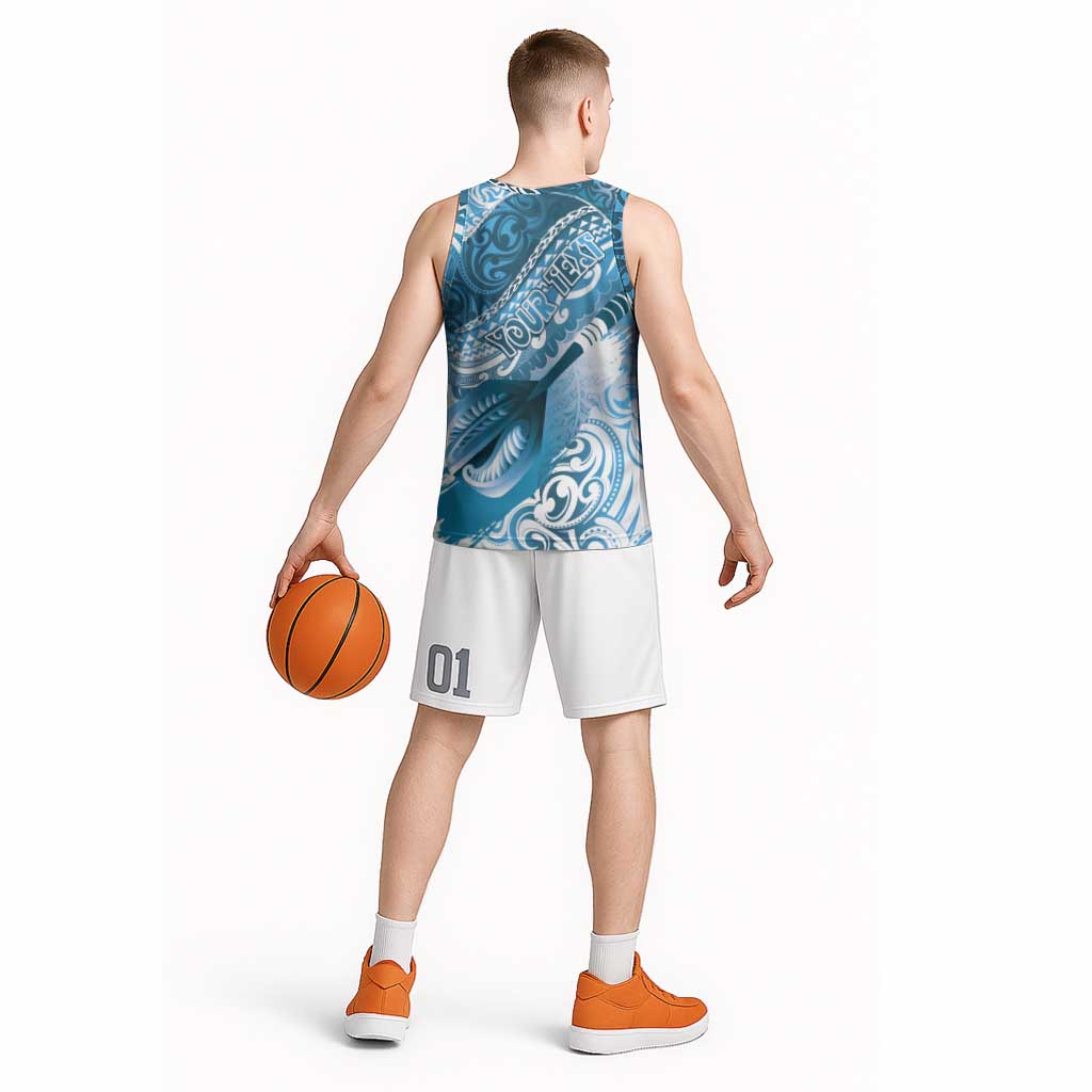 Personalised New Zealand Aotearoa Darts Masters Basketball Jersey Maori Art Tattoo with Tribal Dart Symbol Blue LT03 - Polynesian Pride