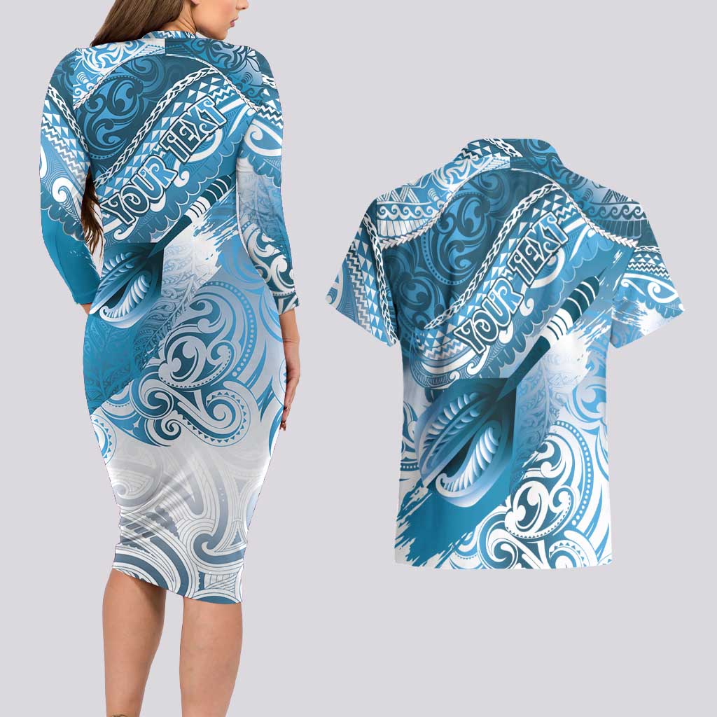 Personalised New Zealand Aotearoa Darts Masters Couples Matching Long Sleeve Bodycon Dress and Hawaiian Shirt Maori Art Tattoo with Tribal Dart Symbol Blue LT03 - Polynesian Pride