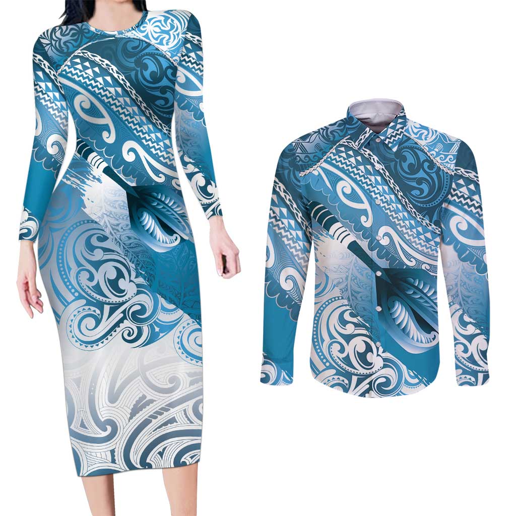 Personalised New Zealand Aotearoa Darts Masters Couples Matching Long Sleeve Bodycon Dress and Long Sleeve Button Shirt Maori Art Tattoo with Tribal Dart Symbol Blue LT03 Blue - Polynesian Pride