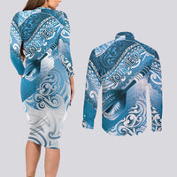 Personalised New Zealand Aotearoa Darts Masters Couples Matching Long Sleeve Bodycon Dress and Long Sleeve Button Shirt Maori Art Tattoo with Tribal Dart Symbol Blue LT03 - Polynesian Pride