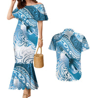 Personalised New Zealand Aotearoa Darts Masters Couples Matching Mermaid Dress and Hawaiian Shirt Maori Art Tattoo with Tribal Dart Symbol Blue LT03 Blue - Polynesian Pride