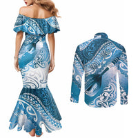 Personalised New Zealand Aotearoa Darts Masters Couples Matching Mermaid Dress and Long Sleeve Button Shirt Maori Art Tattoo with Tribal Dart Symbol Blue LT03 - Polynesian Pride