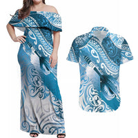 Personalised New Zealand Aotearoa Darts Masters Couples Matching Off Shoulder Maxi Dress and Hawaiian Shirt Maori Art Tattoo with Tribal Dart Symbol Blue LT03 Blue - Polynesian Pride