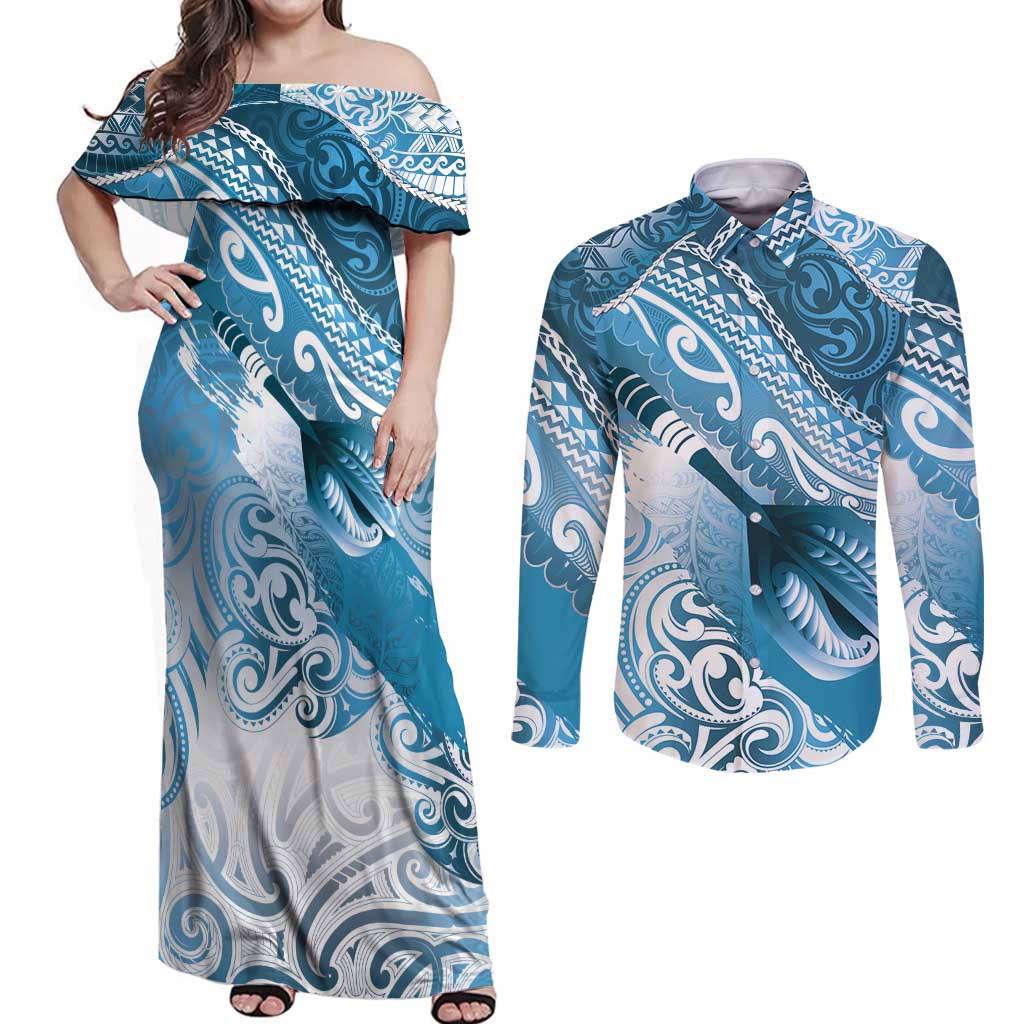 Personalised New Zealand Aotearoa Darts Masters Couples Matching Off Shoulder Maxi Dress and Long Sleeve Button Shirt Maori Art Tattoo with Tribal Dart Symbol Blue LT03 Blue - Polynesian Pride