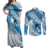 Personalised New Zealand Aotearoa Darts Masters Couples Matching Off Shoulder Maxi Dress and Long Sleeve Button Shirt Maori Art Tattoo with Tribal Dart Symbol Blue LT03 Blue - Polynesian Pride