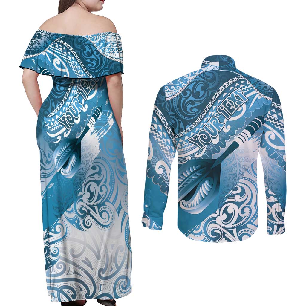 Personalised New Zealand Aotearoa Darts Masters Couples Matching Off Shoulder Maxi Dress and Long Sleeve Button Shirt Maori Art Tattoo with Tribal Dart Symbol Blue LT03 - Polynesian Pride